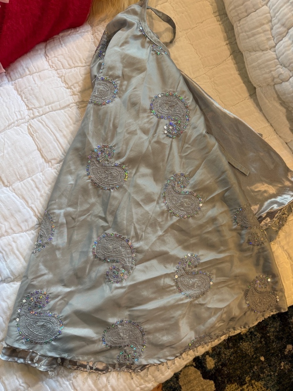 Embellished Silver  Sequin Christmas Tree Skirt with sparkly appliqués